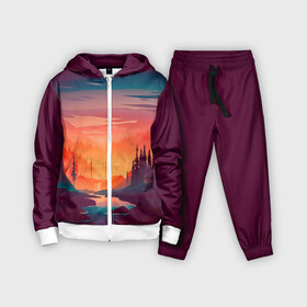 Детский костюм 3D с принтом Minimal forest sunset в городе Новоалтайск,  |  | forest | light | minimal | mountain | orange | purple | stone | sunset | water | вода | горы | закат | минимализм | оранжевый | фиолетовый