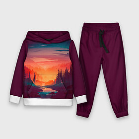 Детский костюм 3D (с толстовкой) с принтом Minimal forest sunset в городе Новоалтайск,  |  | forest | light | minimal | mountain | orange | purple | stone | sunset | water | вода | горы | закат | минимализм | оранжевый | фиолетовый