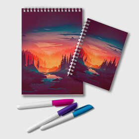 Блокнот с принтом Minimal forest sunset в городе Новоалтайск, 100% бумага | 48 листов, плотность листов — 60 г/м2, плотность картонной обложки — 250 г/м2. Листы скреплены удобной пружинной спиралью. Цвет линий — светло-серый
 | forest | light | minimal | mountain | orange | purple | stone | sunset | water | вода | горы | закат | минимализм | оранжевый | фиолетовый
