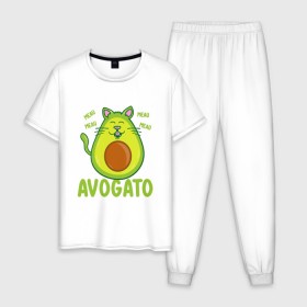 Мужская пижама хлопок с принтом AVOGATO в городе Новоалтайск, 100% хлопок | брюки и футболка прямого кроя, без карманов, на брюках мягкая резинка на поясе и по низу штанин
 | avocado | avocato | avogato | cat | cats | авокадо | авокато | авокот | картинка | картинки | кот | коте | котэ | прикольная | прикольные
