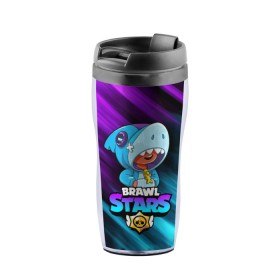 Термокружка-непроливайка с принтом BRAWL STARS LEON SHARK в городе Новоалтайск, внутренняя часть — пищевой пластик, наружная часть — прозрачный пластик, между ними — полиграфическая вставка с рисунком | объем — 350 мл, герметичная крышка | bibi | brawl stars | crow | el brown | leon | leon shark | max | sally leon | shark | stars | werewolf | акула | биби | ворон | леон | оборотень