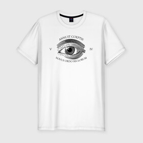 Мужская футболка хлопок Slim с принтом Novus Ordo Seclorum в городе Новоалтайск, 92% хлопок, 8% лайкра | приталенный силуэт, круглый вырез ворота, длина до линии бедра, короткий рукав | america | dollar | eye | illuminati | mason | usa | америка | глаз | доллар | иллюминаты | масоны | сша