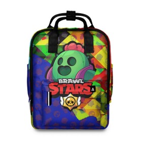 Женский рюкзак 3D с принтом BRAWL STARS SPIKE в городе Новоалтайск, 100% полиэстер | лямки с регулируемой длиной, сверху ручки, чтобы рюкзак нести как сумку. Основное отделение закрывается на молнию, как и внешний карман. Внутри два дополнительных кармана, один из которых закрывается на молнию. По бокам два дополнительных кармашка, куда поместится маленькая бутылочка
 | 8 bit | bibi | brawl stars | brock | bull | crow | dinomike | el primo | leon | mobile game | nita | poko | ricochet | stars | tara | бравл старс | ворон | леон | мобильные игры