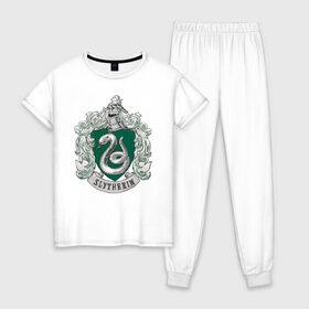 Женская пижама хлопок с принтом Coat of Slytherin в городе Новоалтайск, 100% хлопок | брюки и футболка прямого кроя, без карманов, на брюках мягкая резинка на поясе и по низу штанин | Тематика изображения на принте: vdgerir | гарри поттер | гриффиндор | дамблдор | добби | слизерин | хогвартс