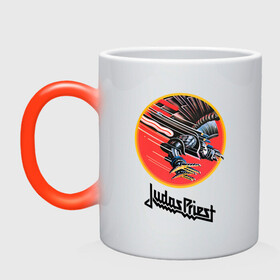 Кружка хамелеон с принтом JUDAS PRIEST. в городе Новоалтайск, керамика | меняет цвет при нагревании, емкость 330 мл | firepower | judas priest | бог металла | джудас прист | иуда прист | музыка | роб хэлфорд | рок | рок н ролл | хэви метал