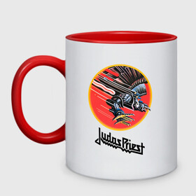 Кружка двухцветная с принтом JUDAS PRIEST. в городе Новоалтайск, керамика | объем — 330 мл, диаметр — 80 мм. Цветная ручка и кайма сверху, в некоторых цветах — вся внутренняя часть | firepower | judas priest | бог металла | джудас прист | иуда прист | музыка | роб хэлфорд | рок | рок н ролл | хэви метал