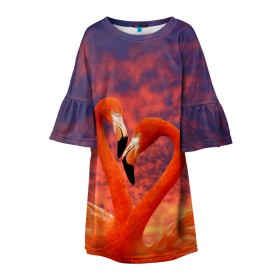 Детское платье 3D с принтом Flamingo Love в городе Новоалтайск, 100% полиэстер | прямой силуэт, чуть расширенный к низу. Круглая горловина, на рукавах — воланы | 14 февраля | 8 марта | валентинов день | верность | влюбленность | влюбленные | вместе | вместе навсегда | девушке | женат | женский день | женский праздник | закат | замужем | кружка | любимая
