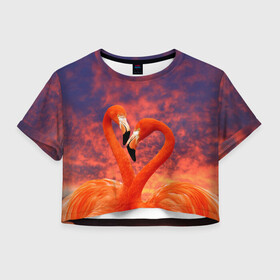 Женская футболка Crop-top 3D с принтом Flamingo Love в городе Новоалтайск, 100% полиэстер | круглая горловина, длина футболки до линии талии, рукава с отворотами | Тематика изображения на принте: 14 февраля | 8 марта | валентинов день | верность | влюбленность | влюбленные | вместе | вместе навсегда | девушке | женат | женский день | женский праздник | закат | замужем | кружка | любимая