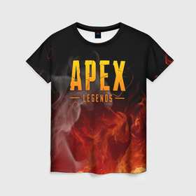 Женская футболка 3D с принтом APEX LEGENDS в городе Новоалтайск, 100% полиэфир ( синтетическое хлопкоподобное полотно) | прямой крой, круглый вырез горловины, длина до линии бедер | apex | apex legends | battle | battle royal | bloodhound | titanfall | wraith | апекс | апекс легендс | батл рояль | битва | война | каустик | королевская битва