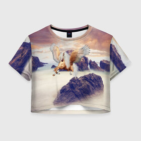Женская футболка Crop-top 3D с принтом Sea Sunset Horse в городе Новоалтайск, 100% полиэстер | круглая горловина, длина футболки до линии талии, рукава с отворотами | вечернее небо | закат | конь | крылатый | крылья | легенды | летающий | лошадь | мистический | мифология | мифы | море | морской | облака | облачность | пегас | плед | погода | подушка | скалы | сумка