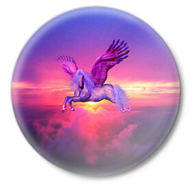 Значок с принтом Dusk Sky Horse в городе Новоалтайск,  металл | круглая форма, металлическая застежка в виде булавки | Тематика изображения на принте: высота | закат | конь | крылья | легенды | летать | летающий | лошадь | мистический | мифология | мифы | небесный | небо | облака | облач | пегас | плед | подушка | полет | пурпурный | сумерки | сумка