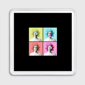 Магнит 55*55 с принтом Медуза Горгона Pop Art в городе Новоалтайск, Пластик | Размер: 65*65 мм; Размер печати: 55*55 мм | Тематика изображения на принте: 8 марта | бизнес леди | в очках | девушка в очках | девушке | жвачка | жене | женский день | женский праздник | женское лицо | кружка | легенда | лицо | любимой | медуза | мифология | монстр | опасная