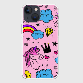 Чехол для iPhone 13 mini с принтом Единороги в городе Новоалтайск,  |  | pink | единорог | единорожки | звезда | корона | лето | лошадка | лошадь | надпись | облака | радуга | радужный | сердечки | символы