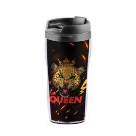 Термокружка-непроливайка с принтом the Queen в городе Новоалтайск, внутренняя часть — пищевой пластик, наружная часть — прозрачный пластик, между ними — полиграфическая вставка с рисунком | объем — 350 мл, герметичная крышка | Тематика изображения на принте: queen | большая кошка | королева | корона | кошка | леопард | львица | молния