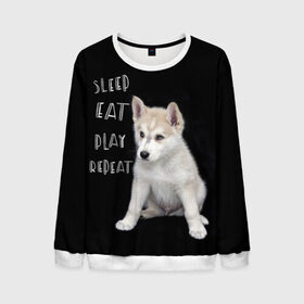Мужской свитшот 3D с принтом Sleep Eat Play Repeat (Хаски) в городе Новоалтайск, 100% полиэстер с мягким внутренним слоем | круглый вырез горловины, мягкая резинка на манжетах и поясе, свободная посадка по фигуре | Тематика изображения на принте: dog | husky | puppy | siberian husky | sleep eat play repeat | белая собака | белый щенок | ездовая собака | кружка | лайка | лайка щенок | подушка | сибирский хаски | собака | собачья жизнь | сумка | термокружка | фартук