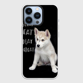 Чехол для iPhone 13 Pro с принтом Sleep Eat Play Repeat (Хаски) в городе Новоалтайск,  |  | Тематика изображения на принте: dog | husky | puppy | siberian husky | sleep eat play repeat | белая собака | белый щенок | ездовая собака | кружка | лайка | лайка щенок | подушка | сибирский хаски | собака | собачья жизнь | сумка | термокружка | фартук