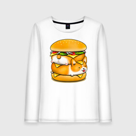 Женский лонгслив хлопок с принтом Корги в городе Новоалтайск, 100% хлопок |  | art | burger | chees | corgi | dog | арт | бургер | еда | корги | миска | собака | сыр | чизбургер