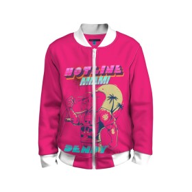 Детский бомбер 3D с принтом Hotline Miami в городе Новоалтайск, 100% полиэстер | застегивается на молнию, по бокам два кармана без застежек, мягкие манжеты, по низу бомбера и на воротнике — эластичная резинка | Тематика изображения на принте: hotline miami | горячая линия майами | денди | игра | майами | пальмы | слоник
