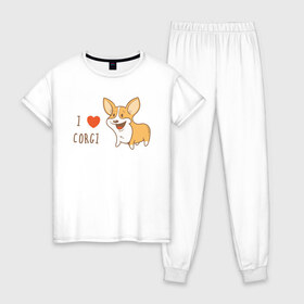 Женская пижама хлопок с принтом I LOVE CORGI в городе Новоалтайск, 100% хлопок | брюки и футболка прямого кроя, без карманов, на брюках мягкая резинка на поясе и по низу штанин | animals | corgi | dogs | pets | puppies | queen | животные | корги | королева | песики | питомцы | собаки | щенки