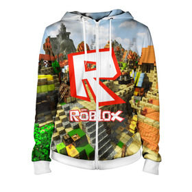Женская толстовка 3D на молнии с принтом ROBLOX в городе Новоалтайск, 100% полиэстер | длина до линии бедра, манжеты и пояс оформлены мягкой тканевой резинкой, двухслойный капюшон со шнурком для регулировки, спереди молния, по бокам два кармана | game | gamer | logo | roblox | игры | логотип | роблокс