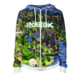 Женская толстовка 3D на молнии с принтом ROBLOX в городе Новоалтайск, 100% полиэстер | длина до линии бедра, манжеты и пояс оформлены мягкой тканевой резинкой, двухслойный капюшон со шнурком для регулировки, спереди молния, по бокам два кармана | game | gamer | logo | roblox | игры | логотип | роблокс
