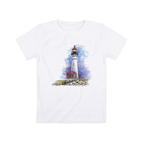 Детская футболка хлопок с принтом Crisp Point Lighthouse в городе Новоалтайск, 100% хлопок | круглый вырез горловины, полуприлегающий силуэт, длина до линии бедер | art | katie batz | lighthouse | достопримечательности | маяк | море | отдых | пляж | туристы