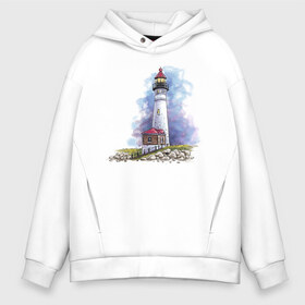 Мужское худи Oversize хлопок с принтом Crisp Point Lighthouse в городе Новоалтайск, френч-терри — 70% хлопок, 30% полиэстер. Мягкий теплый начес внутри —100% хлопок | боковые карманы, эластичные манжеты и нижняя кромка, капюшон на магнитной кнопке | art | katie batz | lighthouse | достопримечательности | маяк | море | отдых | пляж | туристы