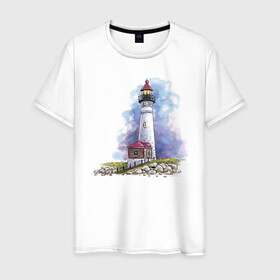 Мужская футболка хлопок с принтом Crisp Point Lighthouse в городе Новоалтайск, 100% хлопок | прямой крой, круглый вырез горловины, длина до линии бедер, слегка спущенное плечо. | Тематика изображения на принте: art | katie batz | lighthouse | достопримечательности | маяк | море | отдых | пляж | туристы