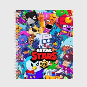 Тетрадь с принтом BRAWL STARS 8-BIT в городе Новоалтайск, 100% бумага | 48 листов, плотность листов — 60 г/м2, плотность картонной обложки — 250 г/м2. Листы скреплены сбоку удобной пружинной спиралью. Уголки страниц и обложки скругленные. Цвет линий — светло-серый
 | 8 bit | 8 бит | bibi | brawl stars | crow | el brown | leon | leon shark | max | mr.p | sally leon | shark | stars | virus | werewolf | акула | биби | вирус | ворон | леон | оборотень | пингвин