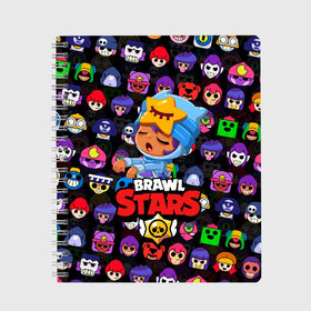 Тетрадь с принтом BRAWL STARS в городе Новоалтайск, 100% бумага | 48 листов, плотность листов — 60 г/м2, плотность картонной обложки — 250 г/м2. Листы скреплены сбоку удобной пружинной спиралью. Уголки страниц и обложки скругленные. Цвет линий — светло-серый
 | 8 bit | 8 бит | bibi | brawl stars | crow | el brown | leon | leon shark | max | mr.p | sally leon | shark | stars | virus | werewolf | акула | биби | вирус | ворон | леон | оборотень | пингвин