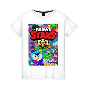 Женская футболка хлопок с принтом BRAWL STARS в городе Новоалтайск, 100% хлопок | прямой крой, круглый вырез горловины, длина до линии бедер, слегка спущенное плечо | 8 bit | 8 бит | bibi | brawl stars | crow | el brown | leon | leon shark | max | mr.p | sally leon | shark | stars | virus | werewolf | акула | биби | вирус | ворон | леон | оборотень | пингвин