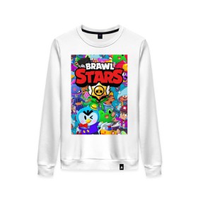 Женский свитшот хлопок с принтом BRAWL STARS в городе Новоалтайск, 100% хлопок | прямой крой, круглый вырез, на манжетах и по низу широкая трикотажная резинка  | 8 bit | 8 бит | bibi | brawl stars | crow | el brown | leon | leon shark | max | mr.p | sally leon | shark | stars | virus | werewolf | акула | биби | вирус | ворон | леон | оборотень | пингвин