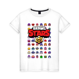 Женская футболка хлопок с принтом BRAWL STARS в городе Новоалтайск, 100% хлопок | прямой крой, круглый вырез горловины, длина до линии бедер, слегка спущенное плечо | 8 bit | 8 бит | bibi | brawl stars | crow | el brown | leon | leon shark | max | mr.p | sally leon | shark | stars | virus | werewolf | акула | биби | вирус | ворон | леон | оборотень | пингвин