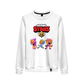Женский свитшот хлопок с принтом BRAWL STARS в городе Новоалтайск, 100% хлопок | прямой крой, круглый вырез, на манжетах и по низу широкая трикотажная резинка  | 8 bit | 8 бит | bibi | brawl stars | crow | el brown | leon | leon shark | max | mr.p | sally leon | shark | stars | virus | werewolf | акула | биби | вирус | ворон | леон | оборотень | пингвин