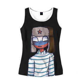 Женская майка 3D с принтом CountryHumans - Россия в городе Новоалтайск, 100% полиэстер | круглая горловина, прямой силуэт, длина до линии бедра | 23 | army | country | countryhumans | humans | memes | patriot | russia | армия | звезда | красная | мем | патриот | россия | страна | тельняшка | флаг | человечек | шапка