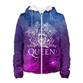 Женская куртка 3D с принтом QUEEN в городе Новоалтайск, ткань верха — 100% полиэстер, подклад — флис | прямой крой, подол и капюшон оформлены резинкой с фиксаторами, два кармана без застежек по бокам, один большой потайной карман на груди. Карман на груди застегивается на липучку | queen | rock | брайан мэи | группа queen | группа квин | джон дикон | квин | королева | король | роджер тейлор | рок | фредди меркьюри