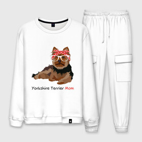 Мужской костюм хлопок с принтом Yorkshire terrier mom в городе Новоалтайск, 100% хлопок | на свитшоте круглая горловина, мягкая резинка по низу. Брюки заужены к низу, на них два вида карманов: два “обычных” по бокам и два объемных, с клапанами, расположенные ниже линии бедра. Брюки с мягкой трикотажной резинкой на поясе и по низу штанин. В поясе для дополнительного комфорта — широкие завязки | йорк | йоркширский_терьер | собака | собачка