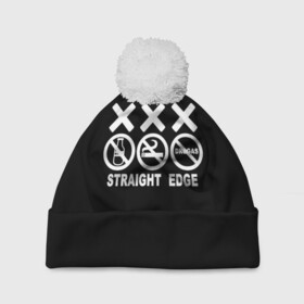 Шапка 3D c помпоном с принтом straight edge в городе Новоалтайск, 100% полиэстер | универсальный размер, печать по всей поверхности изделия | edge | hardcore | no drugs | straight | straight edge | sxe | грань | четкая | чёткая грань