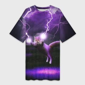 Платье-футболка 3D с принтом Кот и Молнии в городе Новоалтайск,  |  | cat | гроза | грозовой кошак | гром | кот | кот и молнии | кошак | молнии