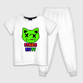 Детская пижама хлопок с принтом Zombie Kitty в городе Новоалтайск, 100% хлопок |  брюки и футболка прямого кроя, без карманов, на брюках мягкая резинка на поясе и по низу штанин
 | зомби | каваи | кислота | кот | котик | кошка | милый | монстр | пиксельный арт | радуга | яркий