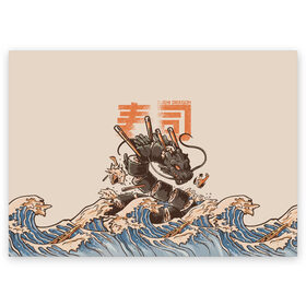 Поздравительная открытка с принтом Sushi dragon в городе Новоалтайск, 100% бумага | плотность бумаги 280 г/м2, матовая, на обратной стороне линовка и место для марки
 | Тематика изображения на принте: волны | дракон | суши | суши дракон | японские волны | японский дракон