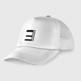 Детская кепка тракер с принтом EMINEM в городе Новоалтайск, Козырек - 100% хлопок. Кепка - 100% полиэстер, Задняя часть - сетка | универсальный размер, пластиковая застёжка | Тематика изображения на принте: america | eminem | rap | slim shady | usa | америка | зарубежный реп | реп | сша | эминем