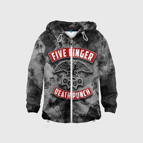Детская ветровка 3D с принтом Five Finger Death Punch в городе Новоалтайск, 100% полиэстер | подол и капюшон оформлены резинкой с фиксаторами, по бокам два кармана без застежек, один потайной карман на груди | Тематика изображения на принте: 5fdp | death | ffdp | finger | five | five finger death punch | punch | грув метал