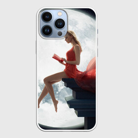 Чехол для iPhone 13 Pro Max с принтом На Луне в городе Новоалтайск,  |  | Тематика изображения на принте: book | girl | girls | moon | night | reading a book | town | город | девушка | девушки | книга | красное платье | луна | на луне | ночь | читать книгу