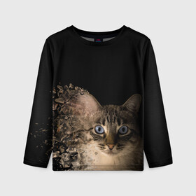 Детский лонгслив 3D с принтом Disintegrating Cat в городе Новоалтайск, 100% полиэстер | длинные рукава, круглый вырез горловины, полуприлегающий силуэт
 | cat | азулес | атомный кот | голубоглазая кошка | голубоглазый кот | голубоглазый котик | кот | кот к | кот распадающийся на атомы | кот с голубыми глазами | котик | котэ | кошак | кошачий портрет