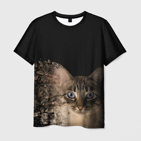 Мужская футболка 3D с принтом Disintegrating Cat в городе Новоалтайск, 100% полиэфир | прямой крой, круглый вырез горловины, длина до линии бедер | cat | азулес | атомный кот | голубоглазая кошка | голубоглазый кот | голубоглазый котик | кот | кот к | кот распадающийся на атомы | кот с голубыми глазами | котик | котэ | кошак | кошачий портрет