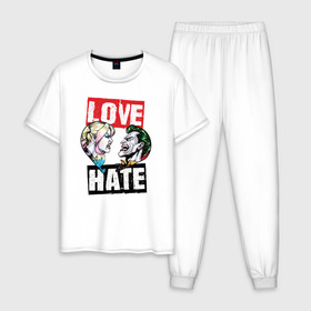 Мужская пижама хлопок с принтом Love Hate в городе Новоалтайск, 100% хлопок | брюки и футболка прямого кроя, без карманов, на брюках мягкая резинка на поясе и по низу штанин
 | Тематика изображения на принте: harleen quinzel | harley | harley quin | harley quinn | shtatharley | джокер | джокир | лав | сердца | харли квин | харли квинн | харли куин | харли куинн | харлин квинзель | хейт