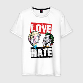 Мужская футболка хлопок с принтом Love Hate в городе Новоалтайск, 100% хлопок | прямой крой, круглый вырез горловины, длина до линии бедер, слегка спущенное плечо. | Тематика изображения на принте: harleen quinzel | harley | harley quin | harley quinn | shtatharley | джокер | джокир | лав | сердца | харли квин | харли квинн | харли куин | харли куинн | харлин квинзель | хейт