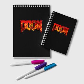 Блокнот с принтом DOOM в городе Новоалтайск, 100% бумага | 48 листов, плотность листов — 60 г/м2, плотность картонной обложки — 250 г/м2. Листы скреплены удобной пружинной спиралью. Цвет линий — светло-серый
 | demon | devil | doom | fire | game | logo | monster | герой | демон | дум | игра | лого | монстр | мутант | надпись | огонь | парню | персонаж | прикольная | шутер