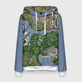 Женская толстовка 3D с принтом San andreas в городе Новоалтайск, 100% полиэстер  | двухслойный капюшон со шнурком для регулировки, мягкие манжеты на рукавах и по низу толстовки, спереди карман-кенгуру с мягким внутренним слоем. | game map | gta | gta 3 | gta 4 | gta 5 | gta map | liderty city | map | rockstar | san andreas | san andreas map | vice city | гта | гта карта | игровая карта | игровой мир | карта | карта гта | карта сан | сан андреас | сан андрес | сан андрэас 